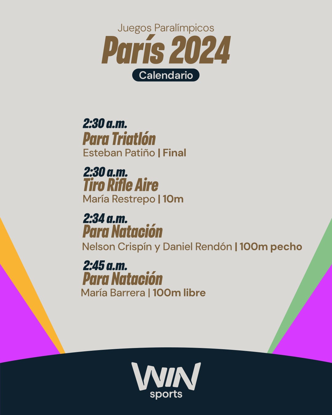 Agenda de Colombia en los Juegos Paral&iacute;mpicos Par&iacute;s 2024 (1 de septiembre) - Win Sports
