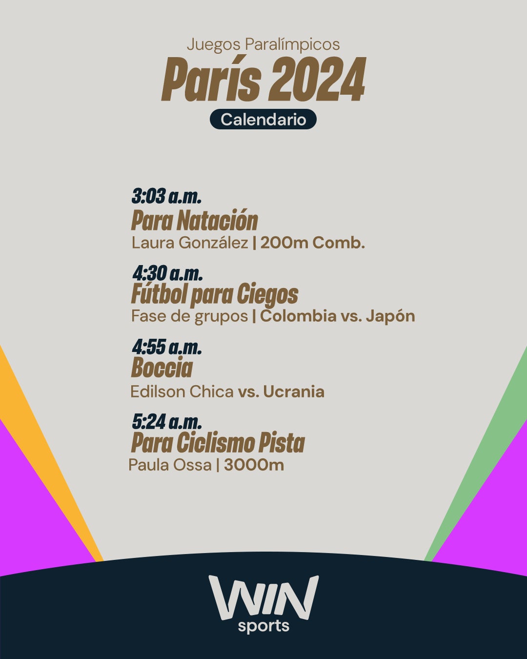 Agenda de Colombia en los Juegos Paral&iacute;mpicos Par&iacute;s 2024 (1 de septiembre) - Win Sports