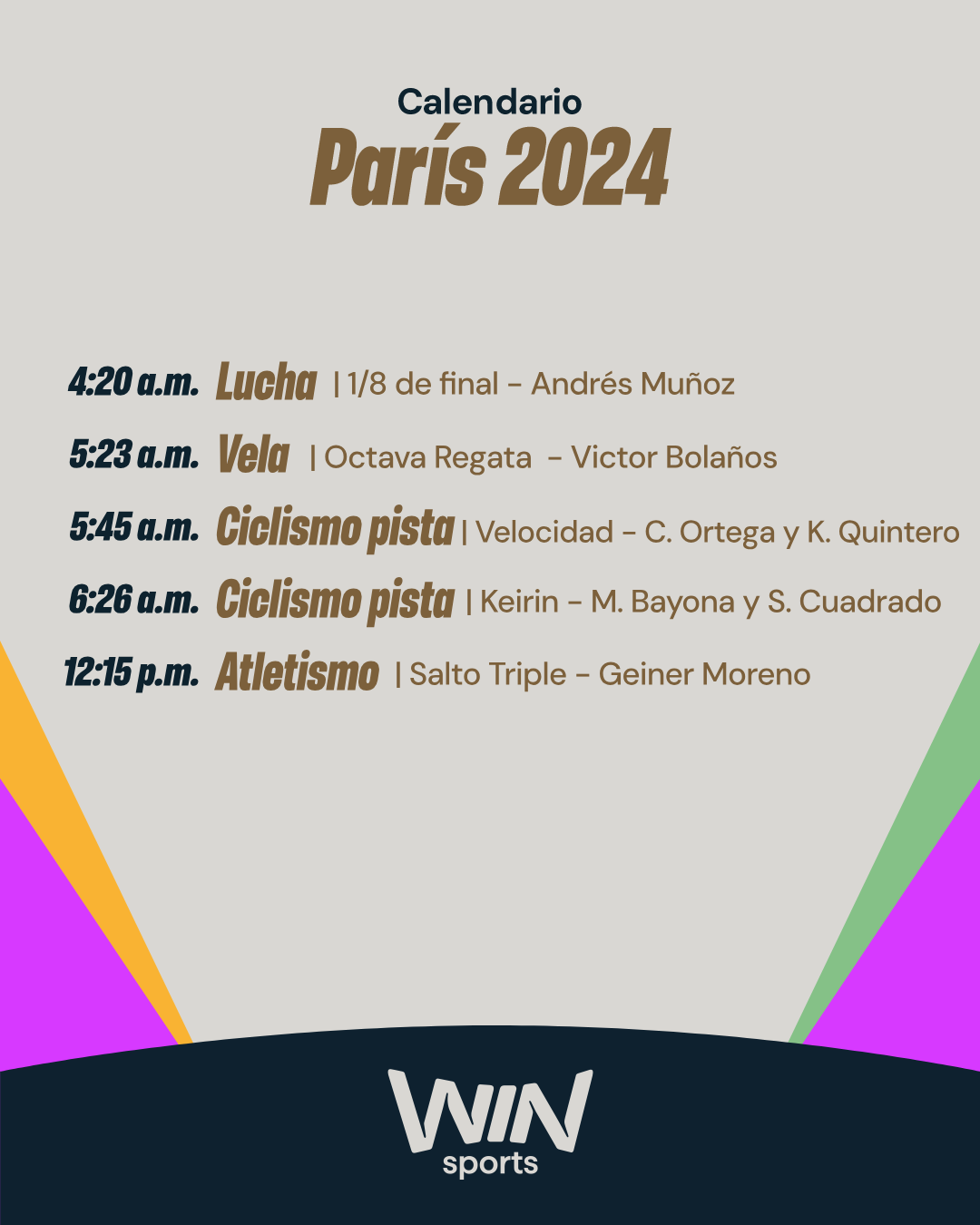 Agenda de Colombia en los Juegos Ol&iacute;mpicos Par&iacute;s 2024 (7 de agosto) - Win Sports