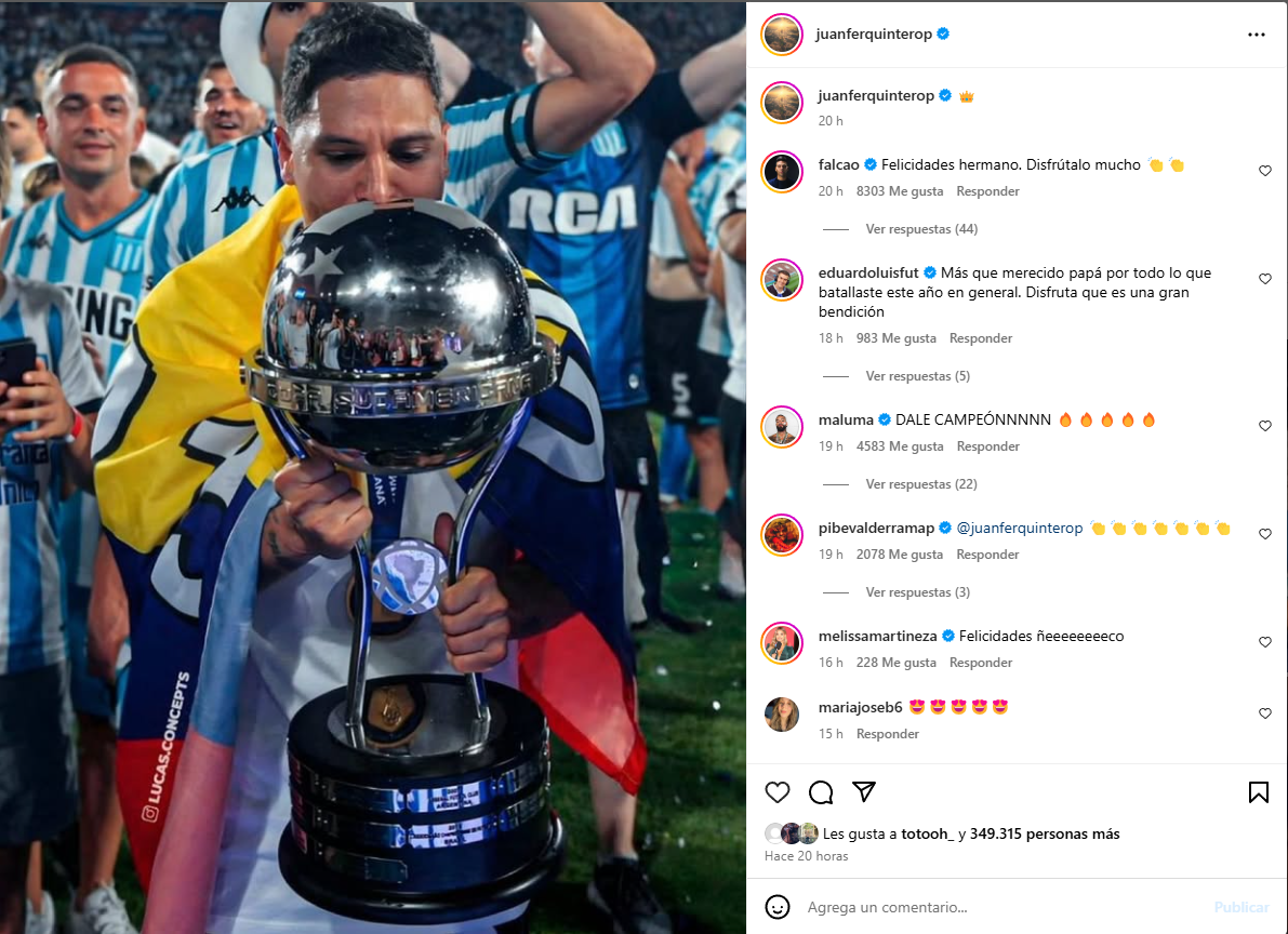 Juan Fernando Quintero celebró el título con Racing / Foto: @juanferquinterop