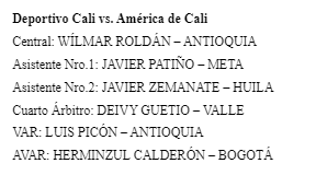 Designaci&oacute;n arbitral para el Deportivo Cali vs. Am&eacute;rica - Dimayor