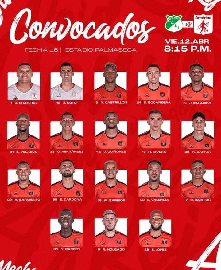 Convocados por Am&eacute;rica de Cali para la fecha 16 de la Liga BetPlay 2024-1 - Prensa