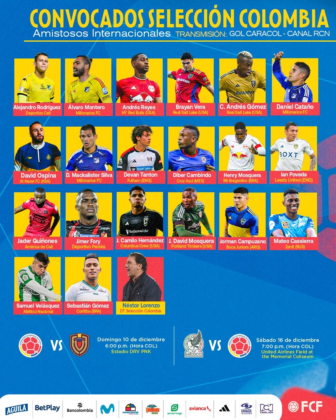 Convocatoria Colombia amistosos diciembre 2023 - FCF