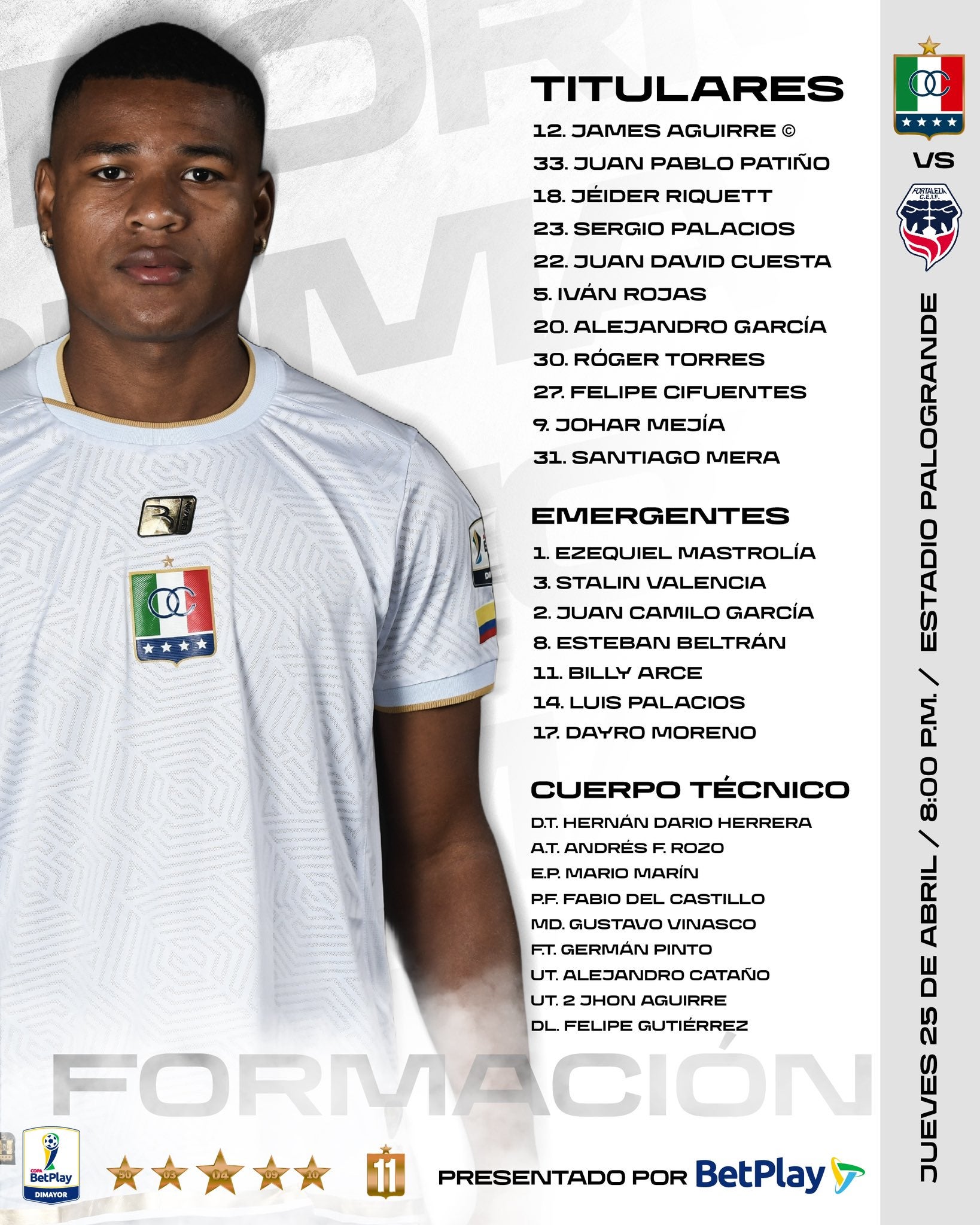 Nómina titular de Once Caldas para el duelo ante Fortaleza por Copa - Prensa