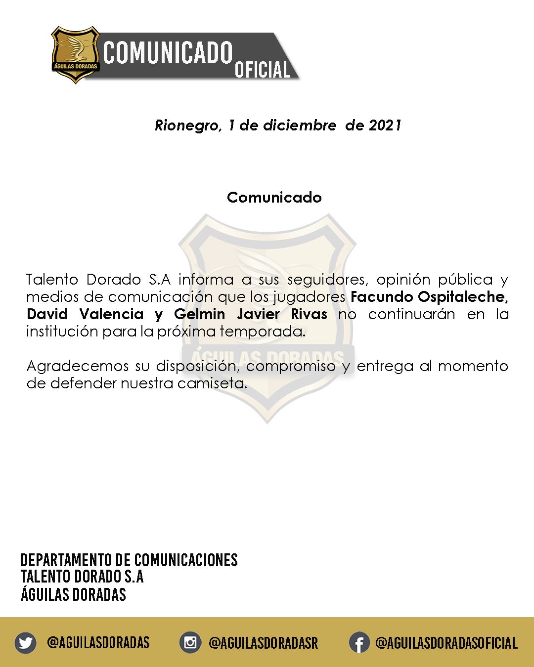 Comunicado Águilas Doradas