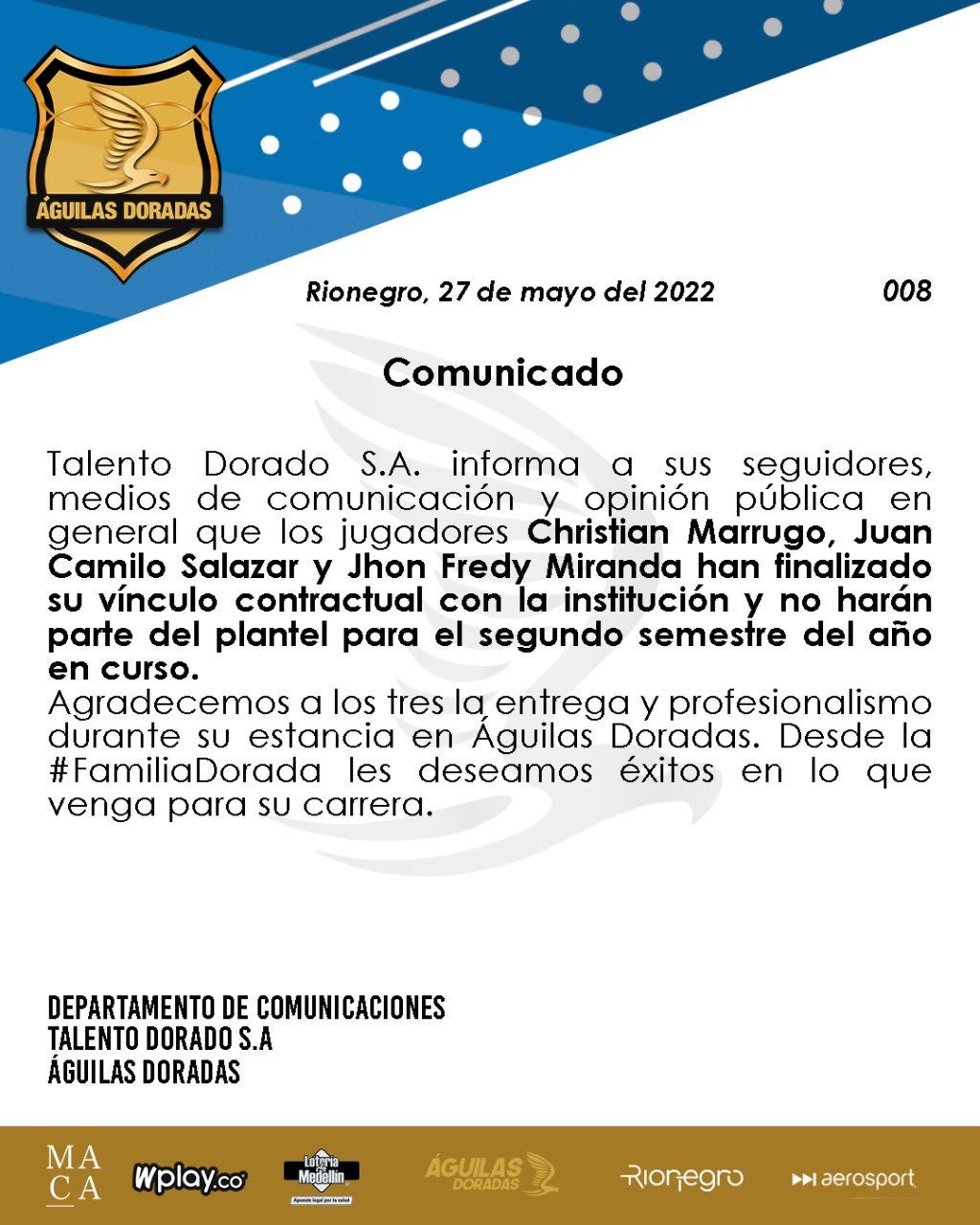 Comunicado de Águilas Doradas. 