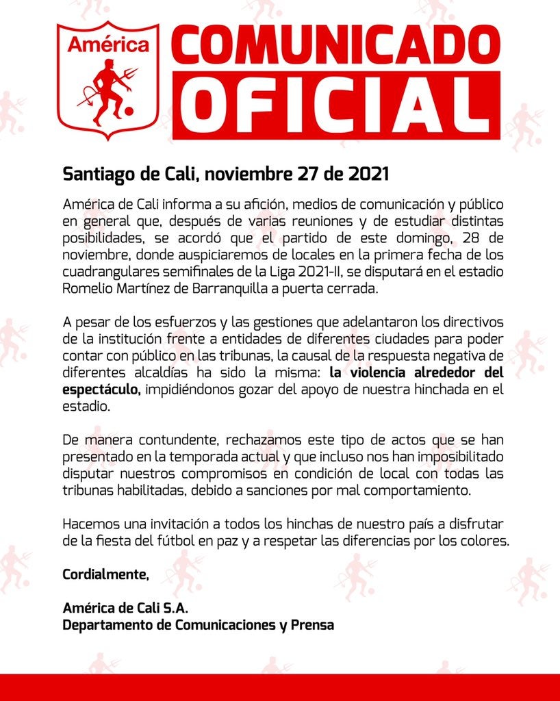 América sobre el partido con Millonarios