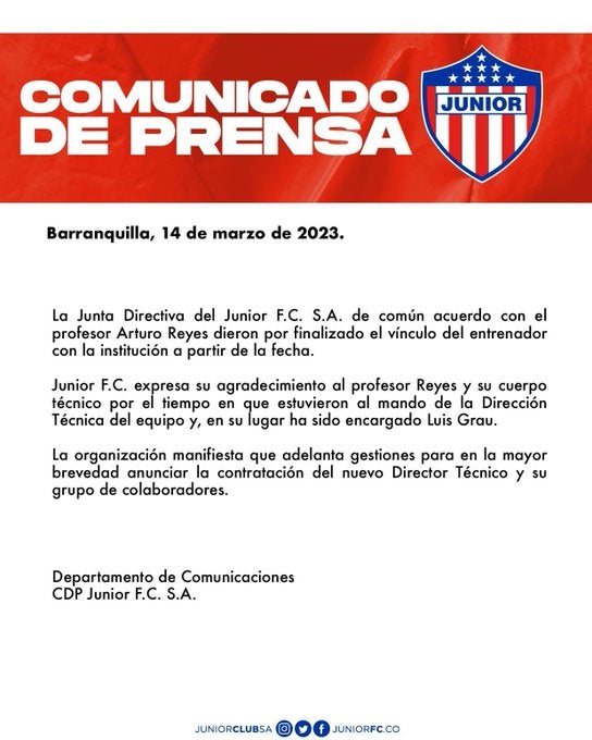 Comunicado de Junior sobre Arturo Reyes