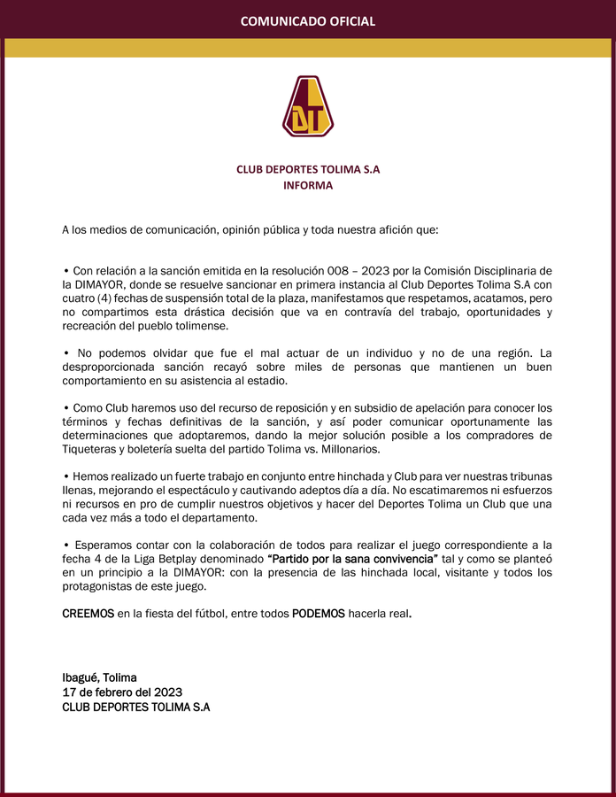 Comunicado de Tolima 