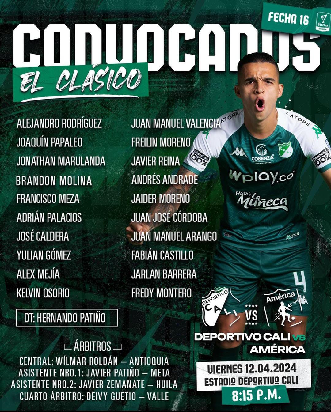 Convocados por Deportivo Cali para la fecha 16 de la Liga BetPlay 2024-1 - Prensa