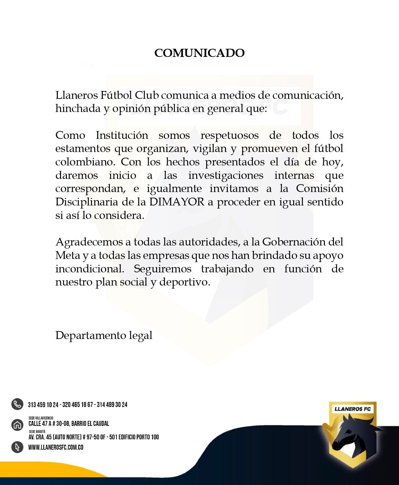 Comunicado de Llaneros