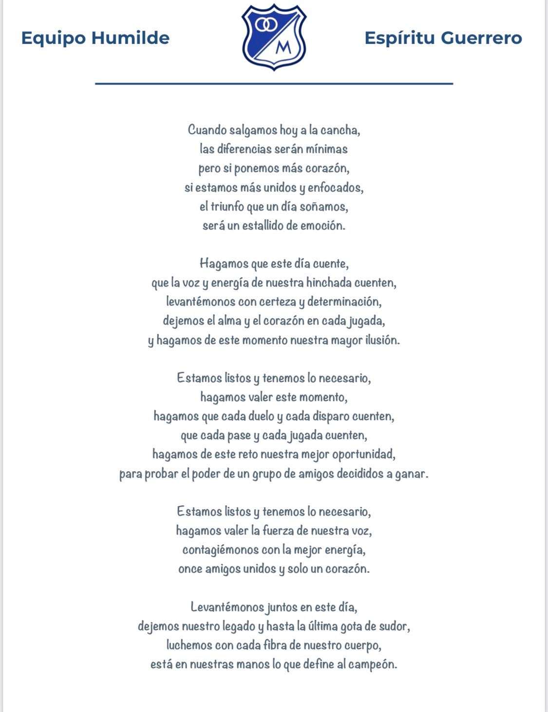 Mensaje de Millonarios 