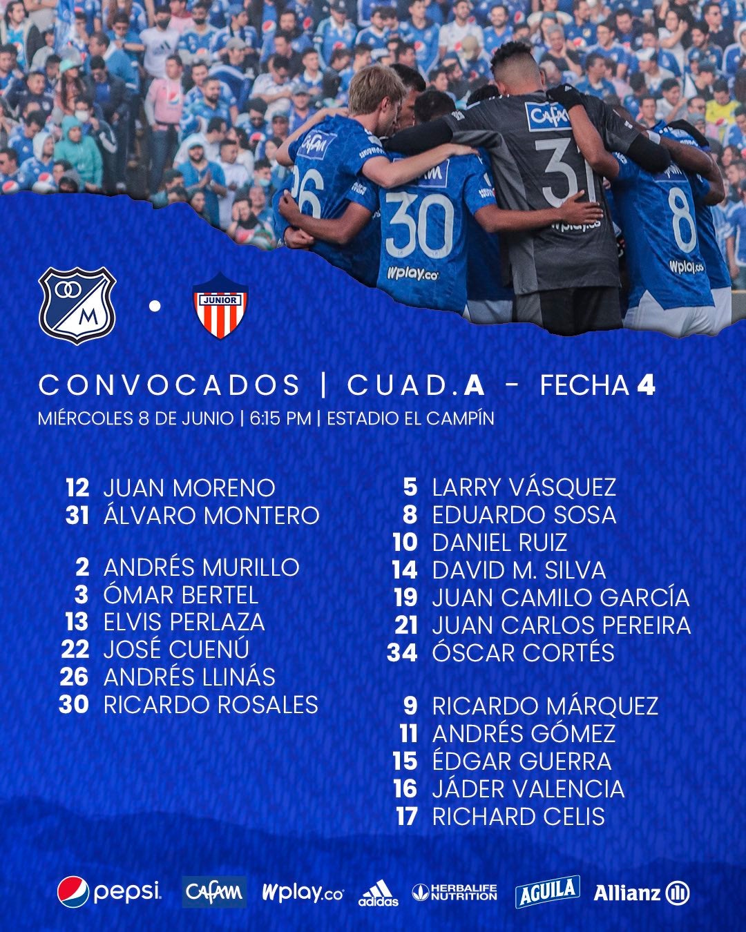 Millonarios presentó a los 20 jugadores convocados para enfrentar a Junior 