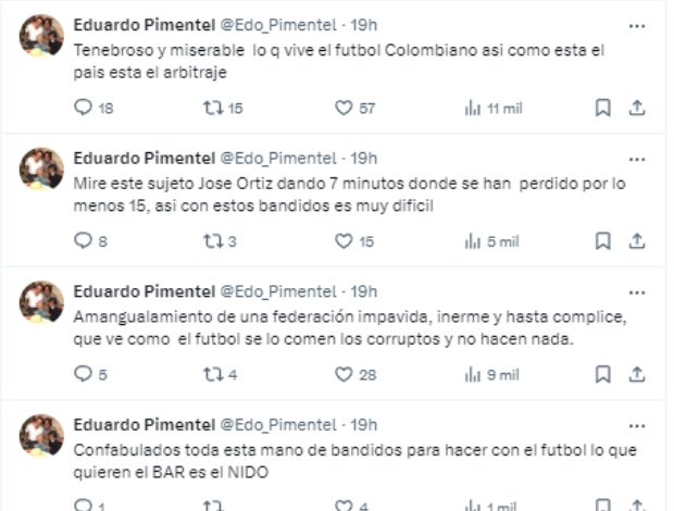 Pantallazo criticas Eduardo Pimentel al arbitraje en Colombia - X