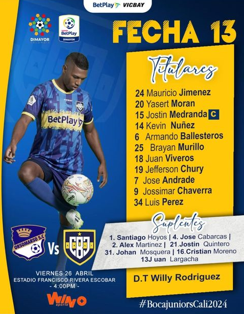 Titular de Boca Juniors de Cali para enfrentarse a Orsomarso por la fecha 13 - Prensa