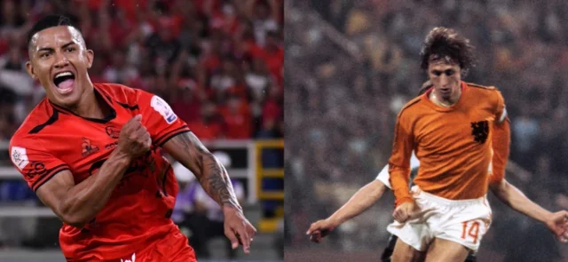 Cristian Barrios y Johan Cruyff. Fotos: Vizzorimage y AFP