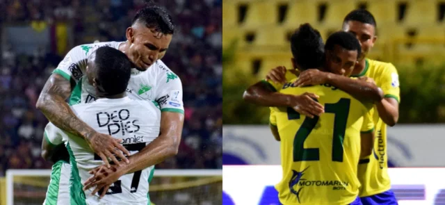 Jugadores de Deportivo Cali y Real Cartagena celebran un gol - VizzorImage