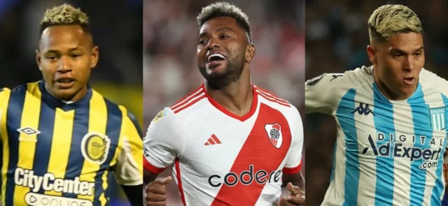 Jaminton Campaz, Miguel Ángel Borja y Juan Fernando Quintero - @RosarioCentral y AFP