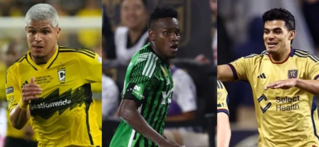 Cucho Hernández, Jader Obrian y Brayan Vera, futbolistas colombianos - AFP