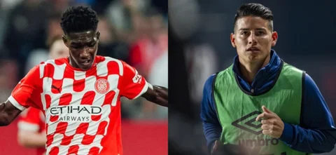 Yaser Asprilla y James Rodríguez en LaLiga de España - @GironaFC/AFP