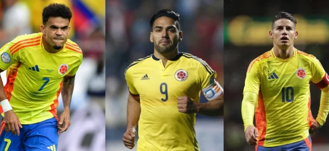 Luis Díaz, Falcao García y James Rodríguez con la selección Colombia / AFP