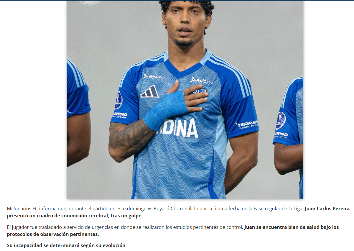 Millonarios anunció el estado de Juan Carlos Pereira