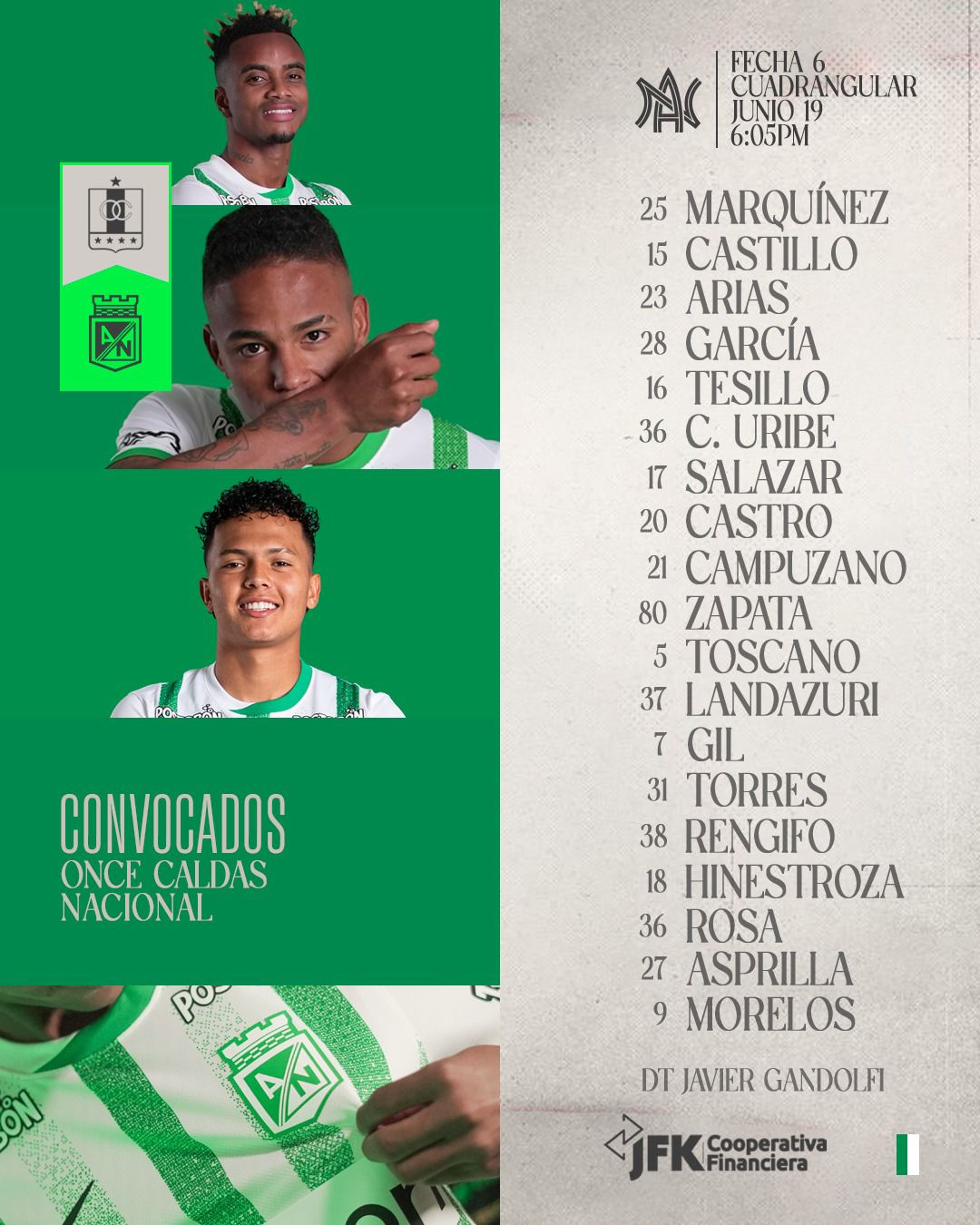 Nómina de viajeros de Nacional para la fecha 6 de cuadrangulares