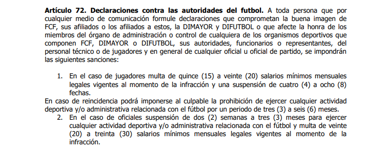 Artículo 75 del Código Disciplinario de la FCF