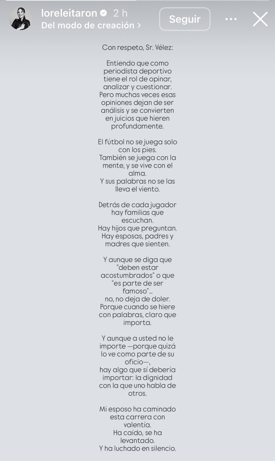 Mensaje de Lorelei Taron para Carlos Antonio Vélez.