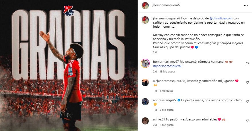 Mensaje de despedida de Jherson Mosquera a Medellín - @jhersonmosquera6