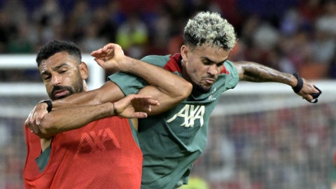 Mohamed Salah y Luis Díaz en entreno de Liverpool - AFP