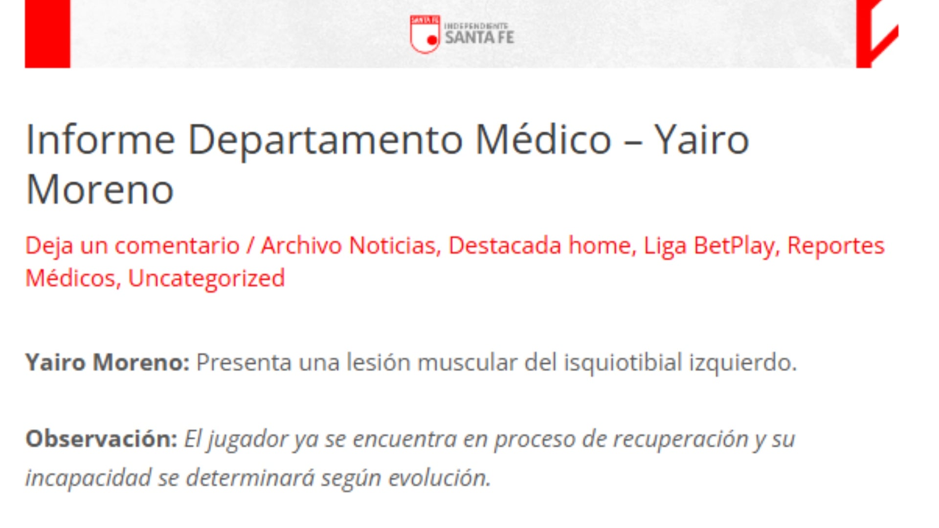 Yairo Moreno se lesionó en Santa Fe - Página oficial del club