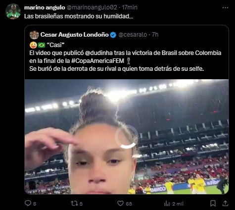 Comentario de Marino Hinestroza al video de la jugadora brasileña - X