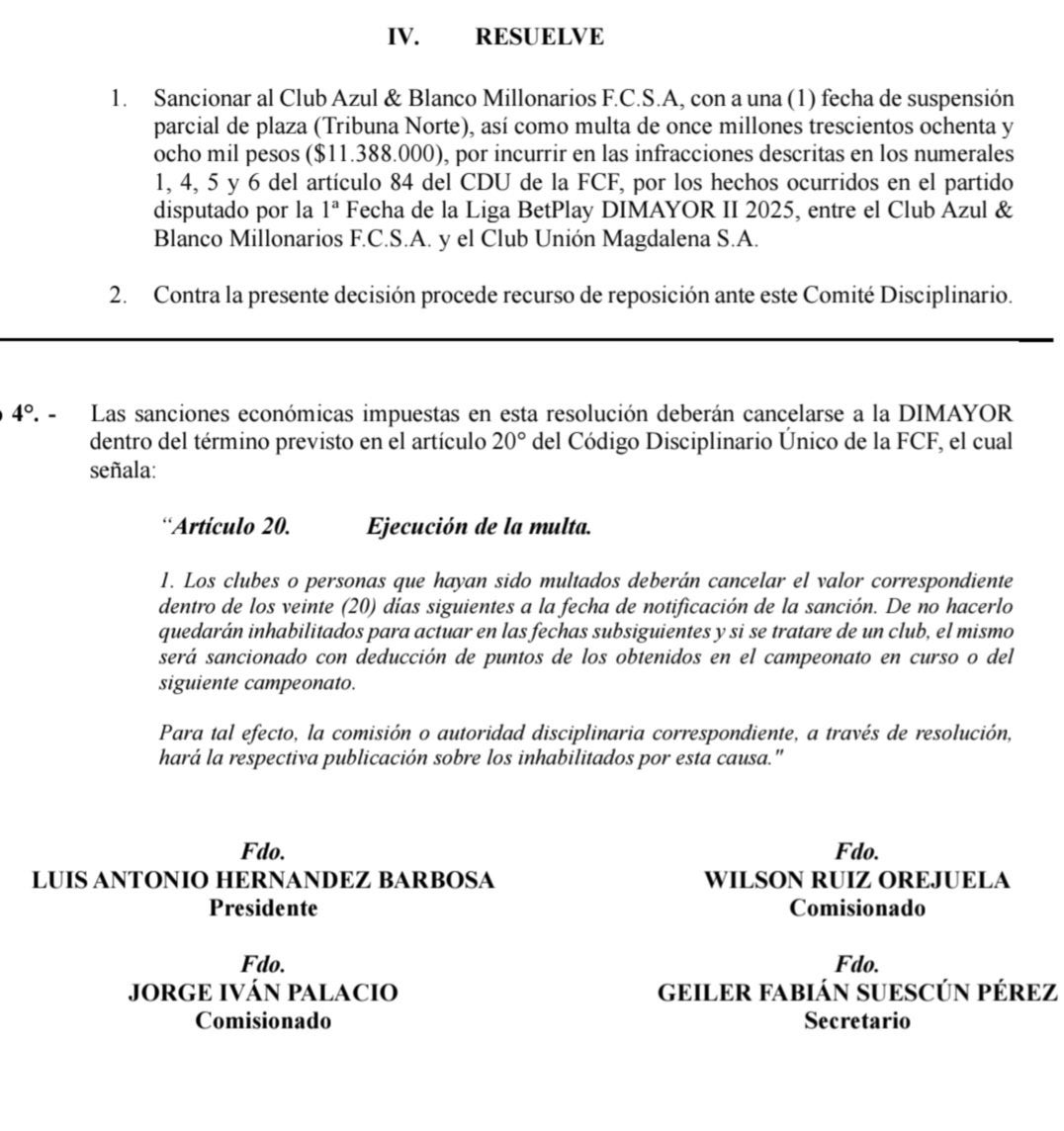 sanción a Millonarios