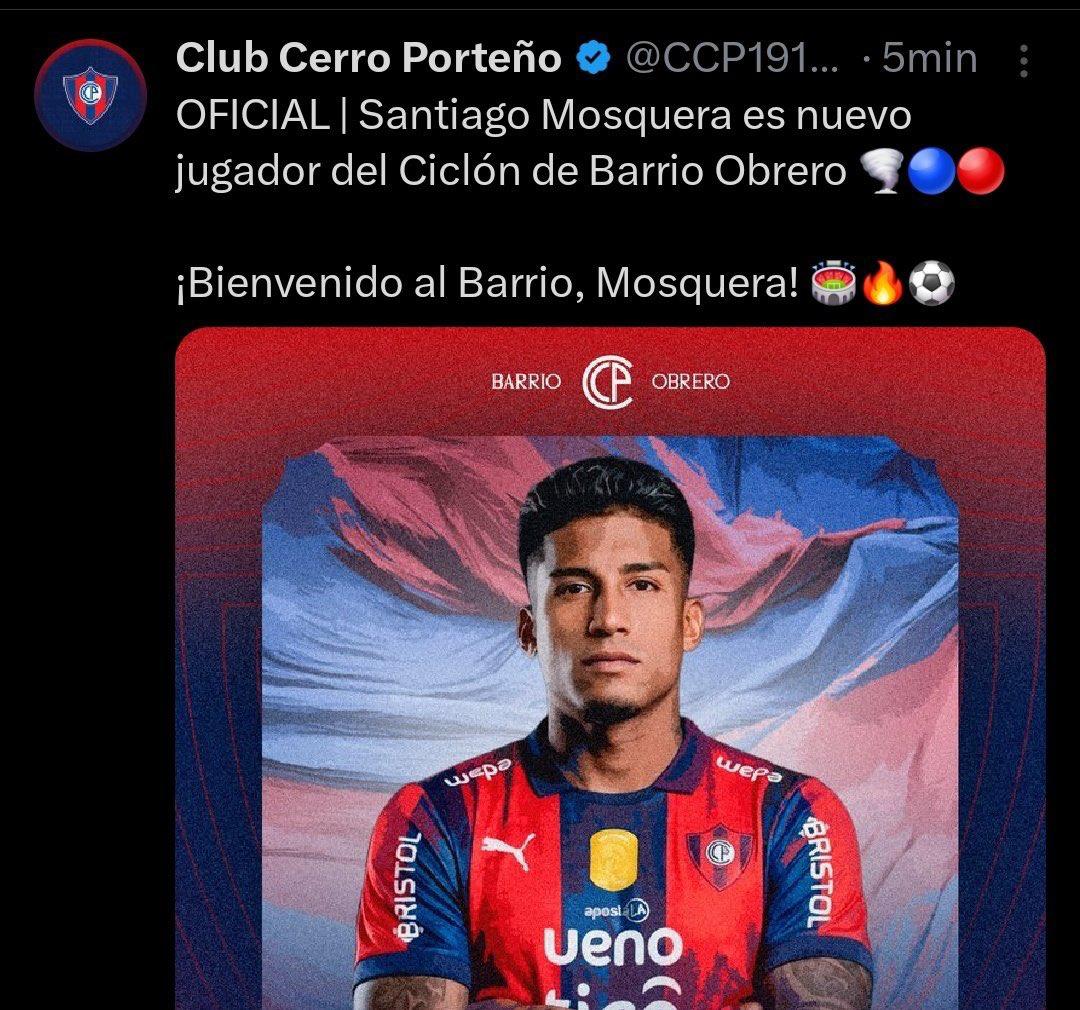 Anuncio del fichaje de Harold Santiago Mosquera por Cerro Porteño - X
