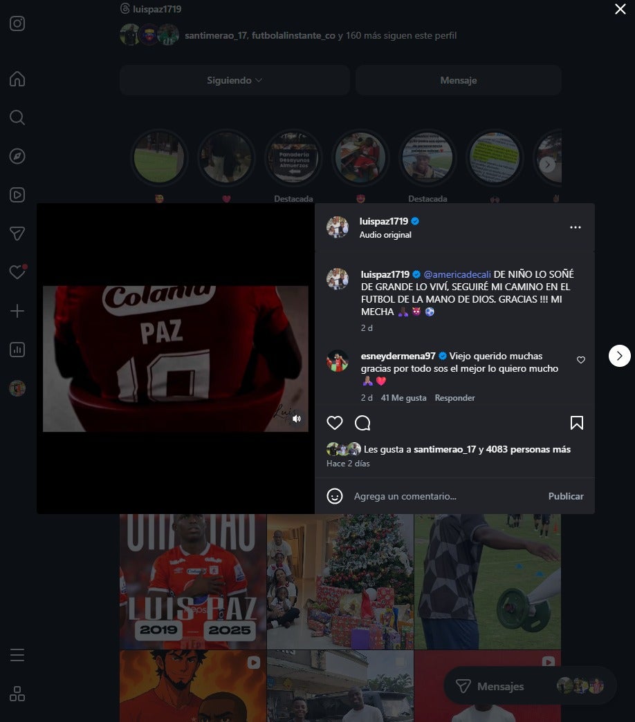 Luis Paz se despidió de América de Cali tras seis años en el club - Instagram