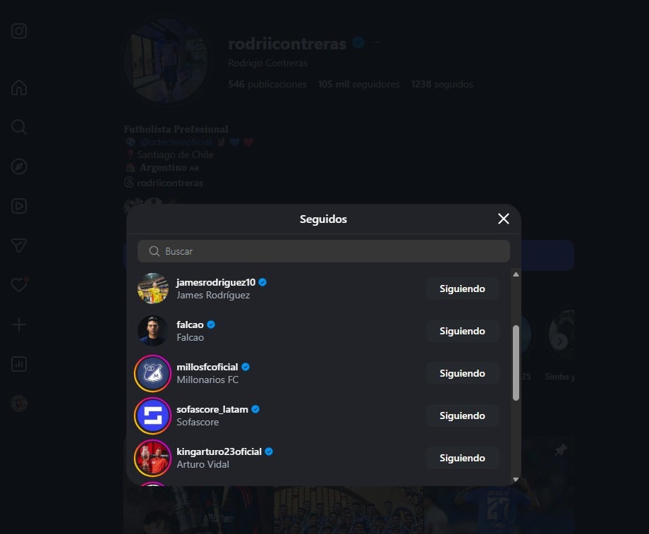 Rodrigo Contreras, posible fichaje de Millonarios, empezó a seguir al club en redes sociales - Instagram