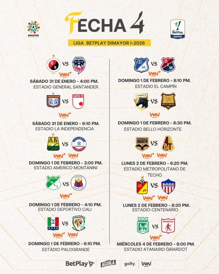 Cartelera fecha 4 Liga BetPlay 2026-1 - Dimayor