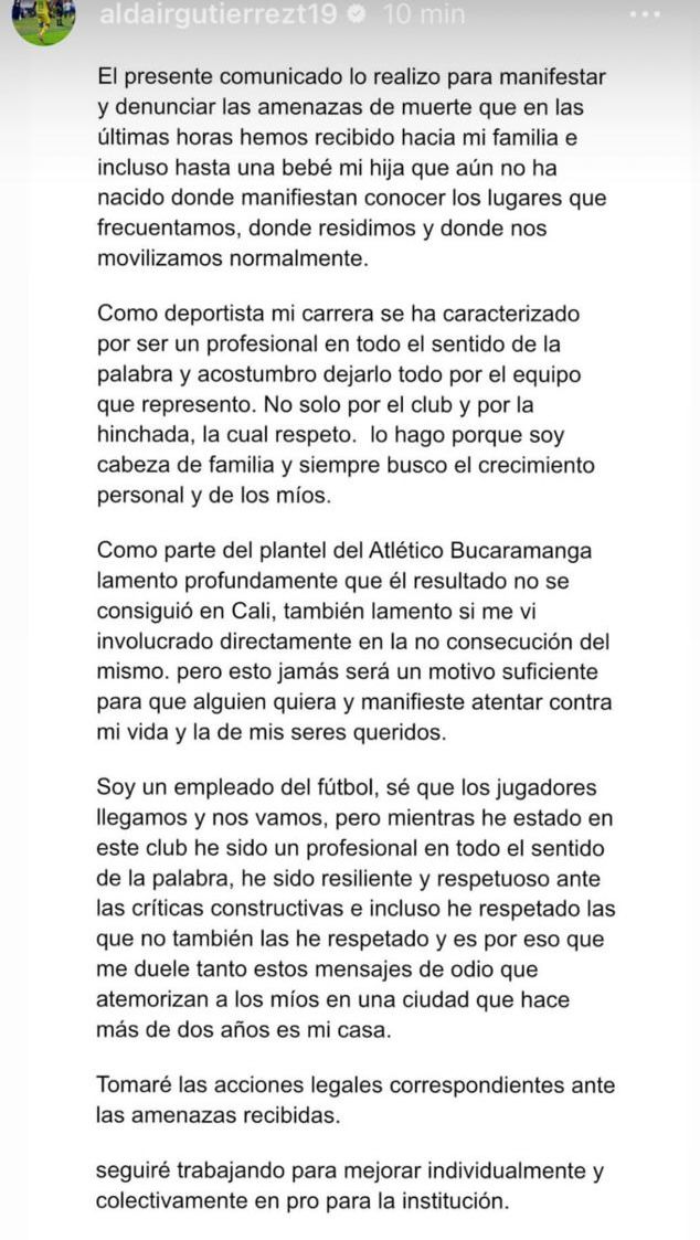 Denuncia de Aldair Gutiérrez ante las amenazas en contra de él y su familia - Instagram