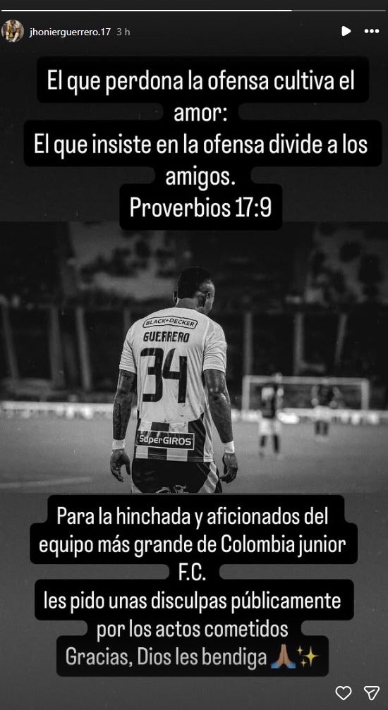 Jhonier Guerrero pidió perdón a la hinchada de Junior por los gestos obscenos - Instagram