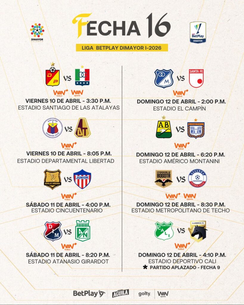 Programación de la fecha 16 y del juego aplazado de la fecha 9 - Dimayor