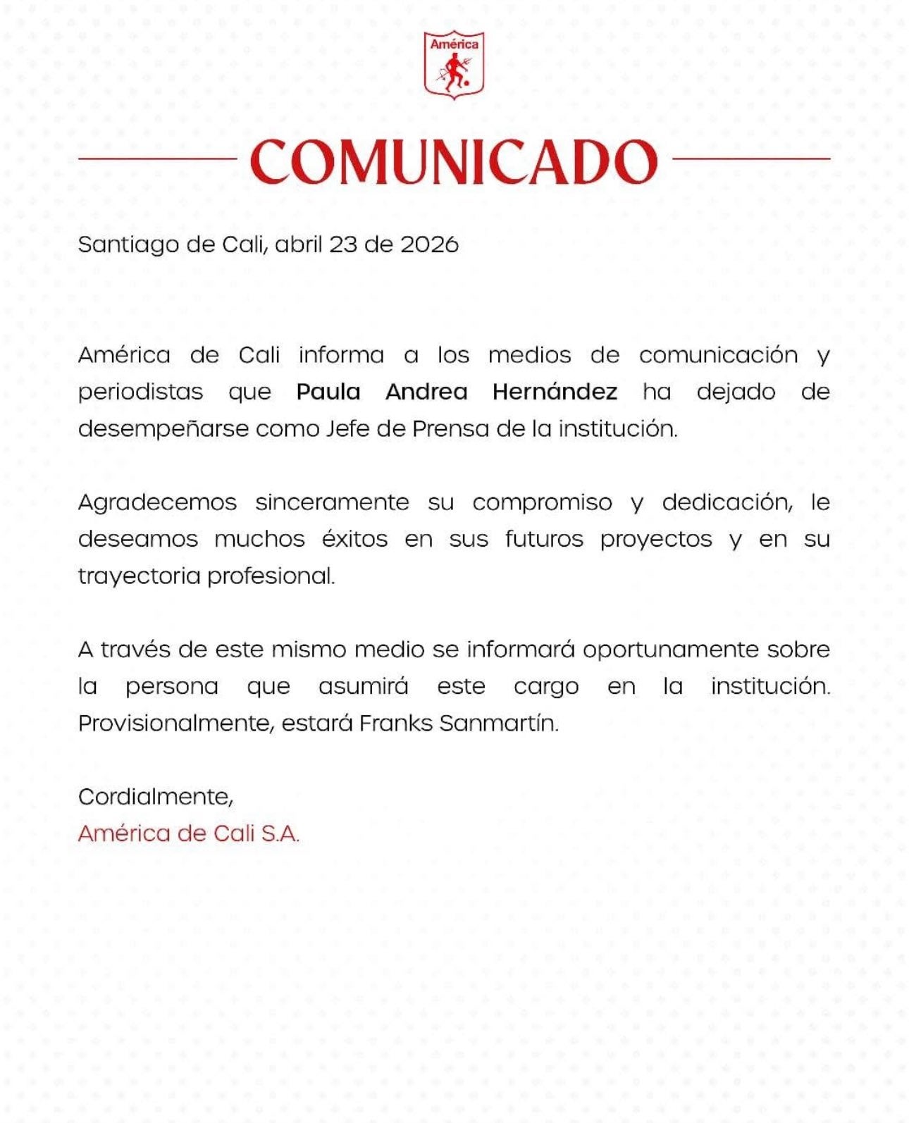 América de Cali confirma cambios en la jefatura de prensa - @AmericadeCali