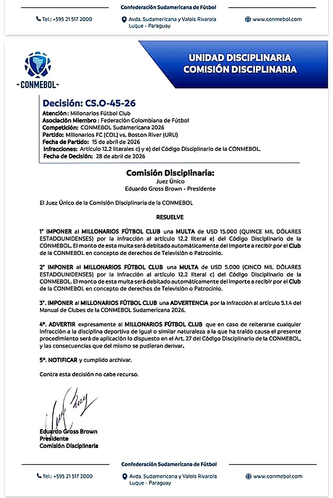 Sanción de la Conmebol a Millonarios - Conmebol