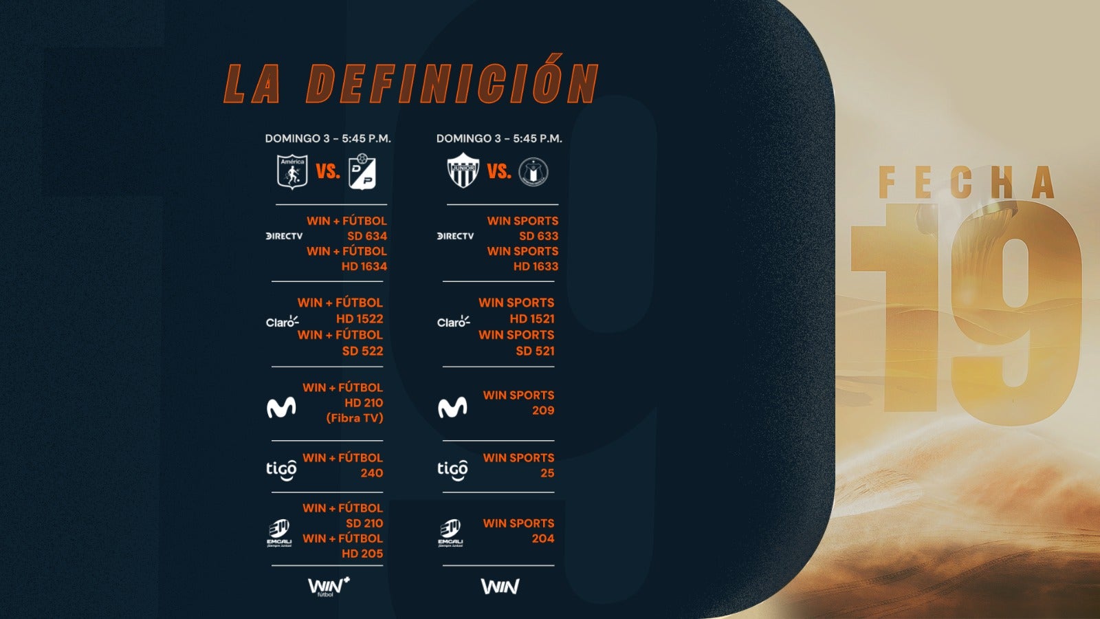 Así se jugará la fecha 19, según tu cableoperador - Win Sports