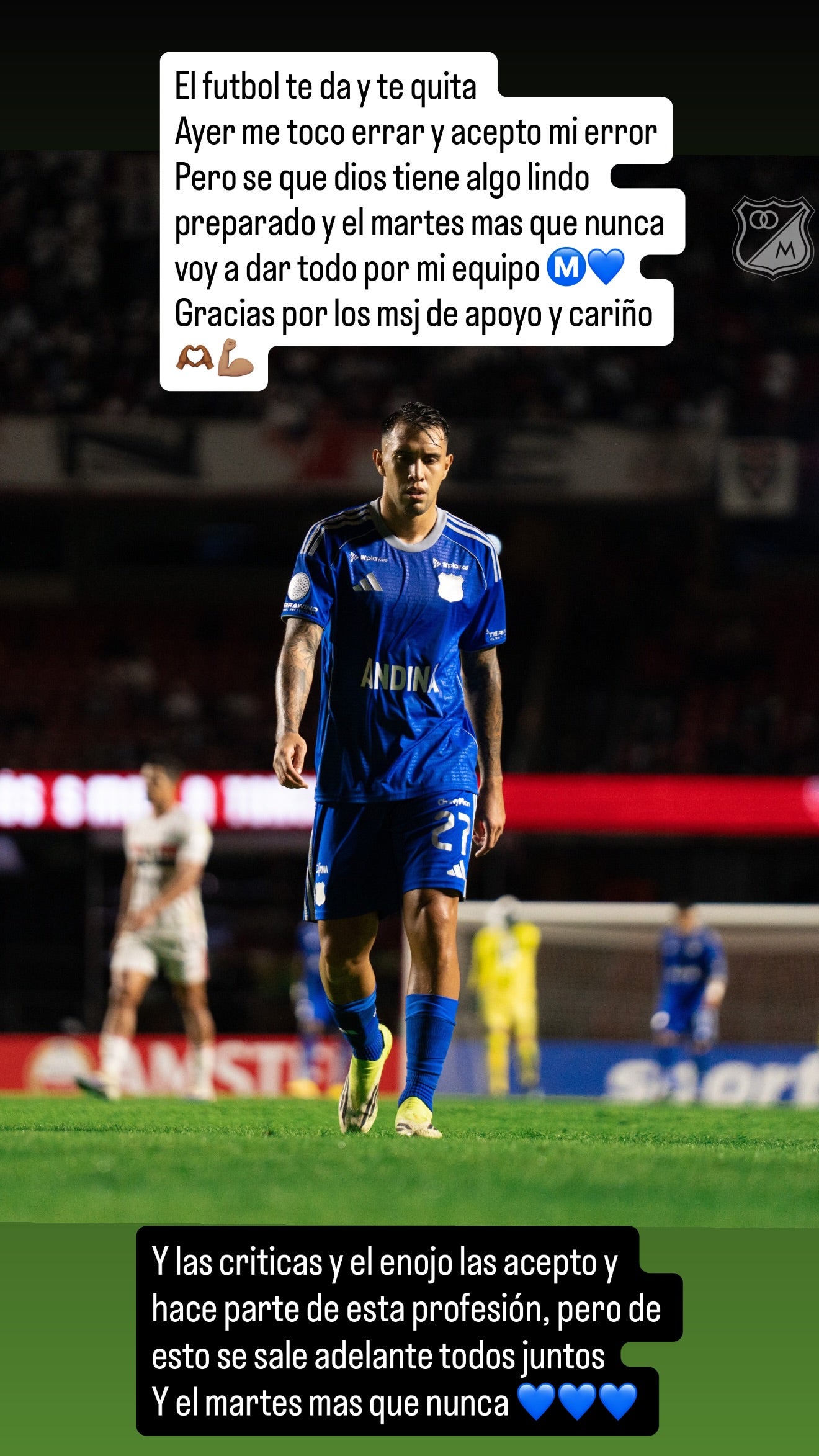 Rodrigo Contreras envió mensaje de disculpas e ilusión en Millonarios - Instagram