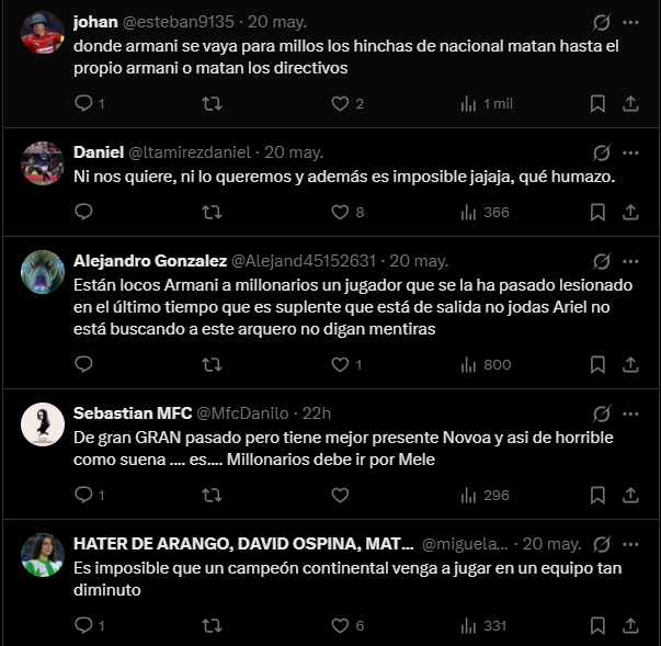 Opiniones divididas sobre la posibilidad de que Franco Armani llegue a Millonarios - X