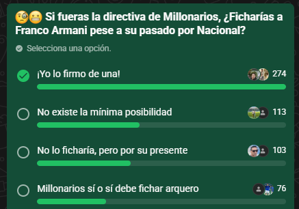 Encuesta de Win Sports en su canal de WhatsApp
