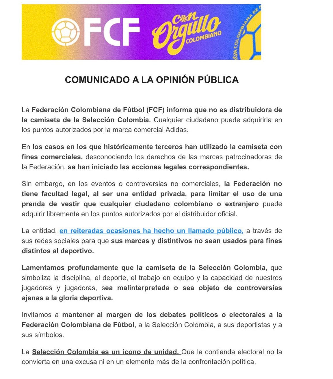 Comunicado oficial de la FCF sobre el uso de distintivos de la selección Colombia en política - FCF