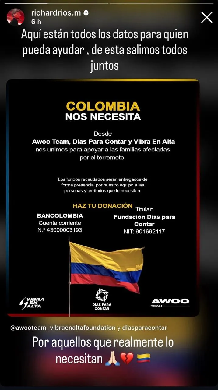 Richard Ríos se pronunció tras el terremoto en Colombia