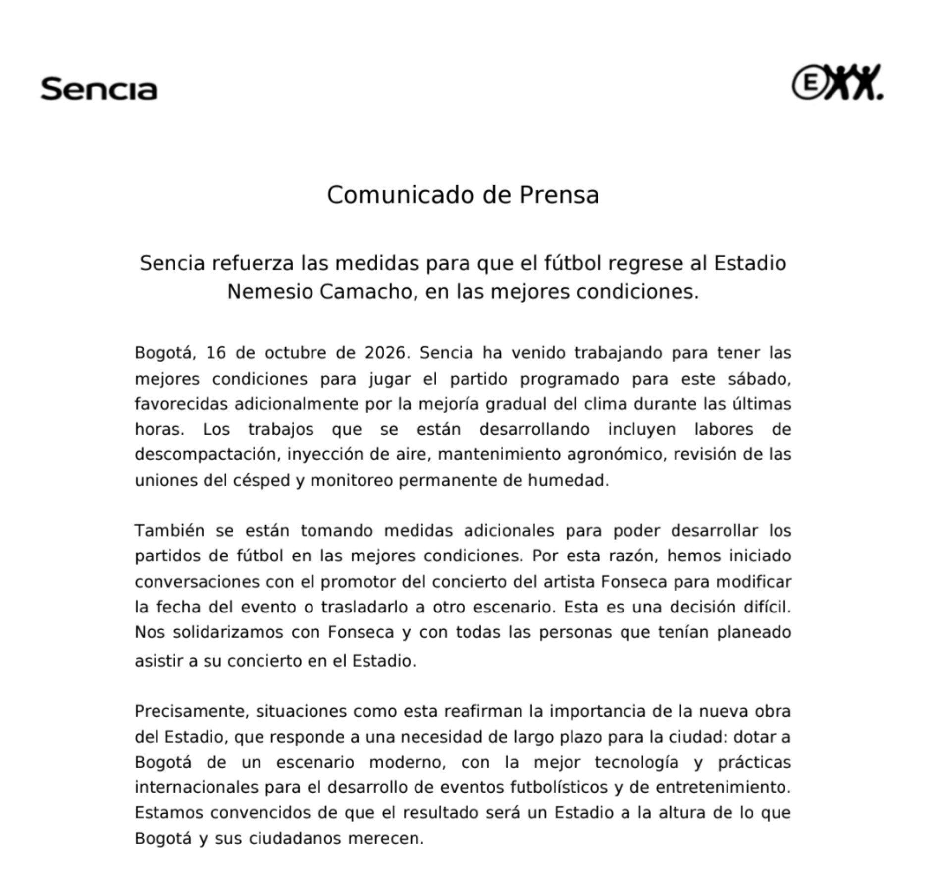Comunicado oficial de Sencia